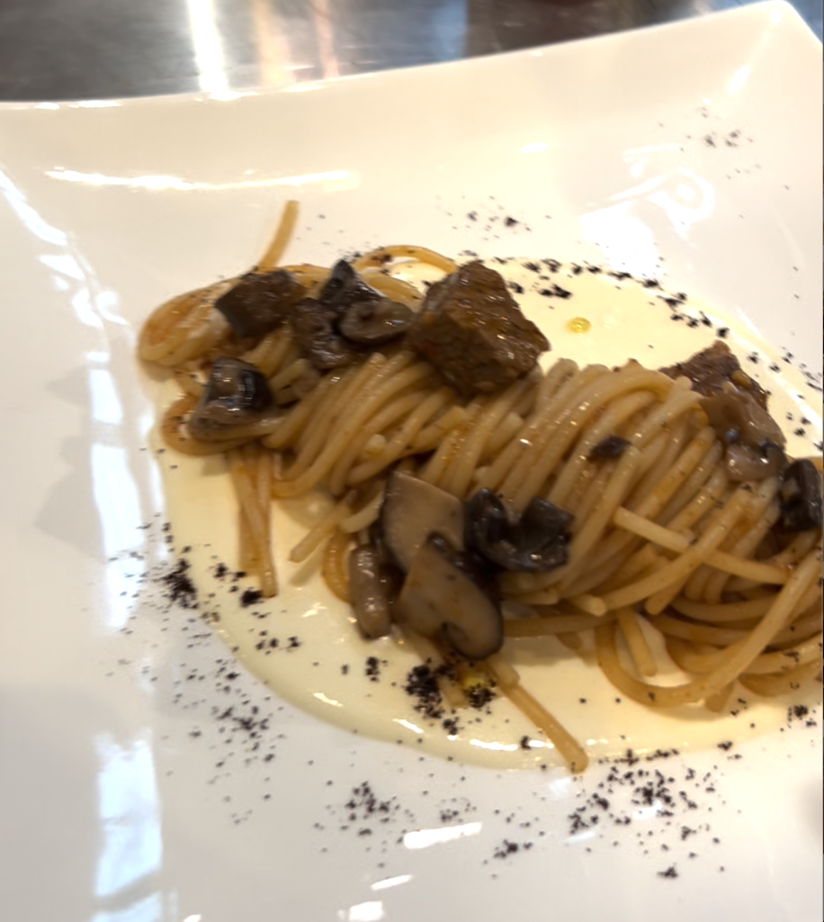 Creamy Mushroom Spaghetti with Leftover Beef Stew and a Light Coffee Finish - In Chef Mode